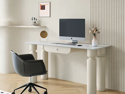 White Modern Desk with Computer Monitor Flower Vase and Black Office Chair in Workspace Interior 3d model