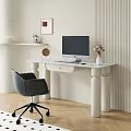 White Modern Desk with Computer Monitor Flower Vase and Black Office Chair in Workspace Interior