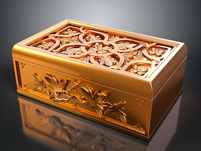 Golden Intricately Carved Decorative Box With Elegant Floral Patterns And Design 3d model