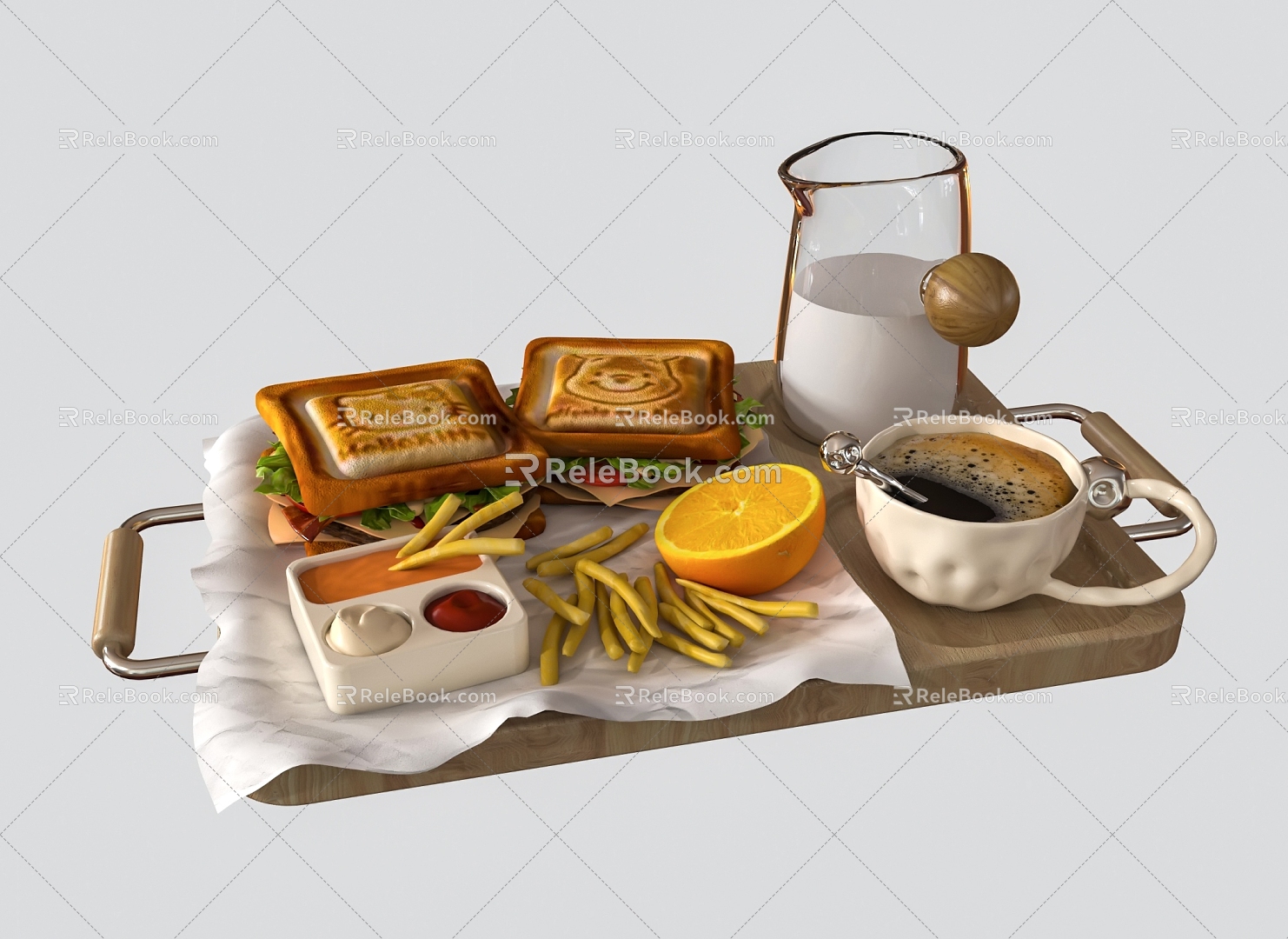 breakfast western food sandwich milk coffee chips 3d model