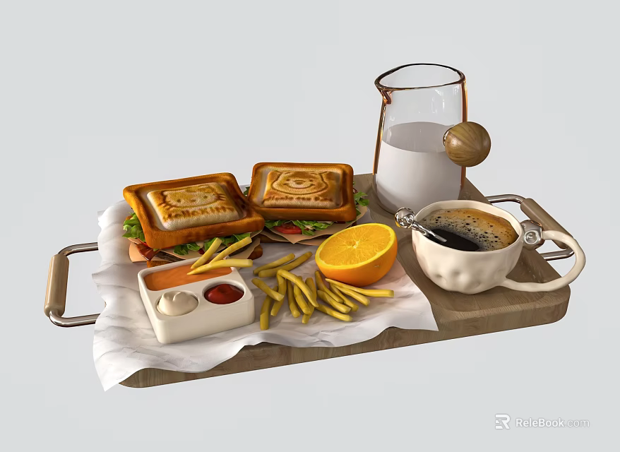 Delicious Toasted Sandwiches With French Fries Coffee Milk And Orange On Wooden Tray 3d model 