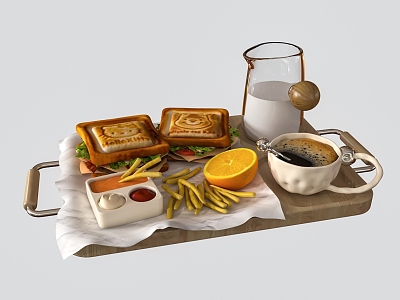 breakfast western food sandwich milk coffee chips 3d model