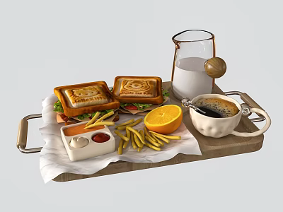 Delicious Toasted Sandwiches With French Fries Coffee Milk And Orange On Wooden Tray 3d model