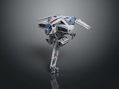 Silver White Mechanical Flying Robot With Red Accents And Detailed Leg Structure 3d model