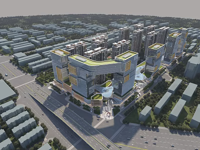 Aerial Urban Planning with High Rise Buildings Green Spaces and Road Layouts 3d model