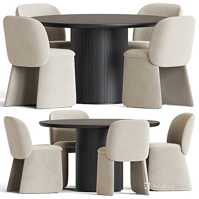Modern Round Dining Table Set With Beige Upholstered Chairs And Textured Black Base 3d model 