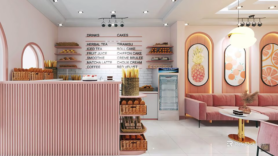 Charming Dessert Shop Interior With Pink Striped Counter Bread Racks Pink Sofa And Fruit Paintings 3d model 