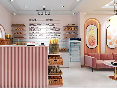 Charming Dessert Shop Interior With Pink Striped Counter Bread Racks Pink Sofa And Fruit Paintings 3d model