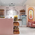 Charming Dessert Shop Interior With Pink Striped Counter Bread Racks Pink Sofa And Fruit Paintings
