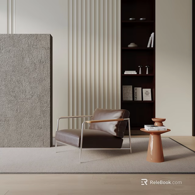 Modern Brown Leather Leisure Chair With Orange Side Table Gray Textured Wall And Dark Bookshelf 3d model 