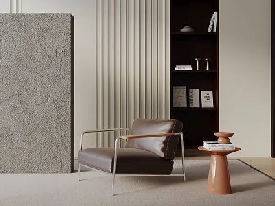 Modern Brown Leather Leisure Chair With Orange Side Table Gray Textured Wall And Dark Bookshelf 3d model
