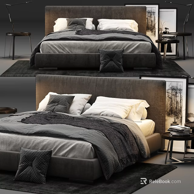 Modern Double Bed Interior with Gray Bedding Upholstered Headboard Nightstand and Decorative Painting 3d model 