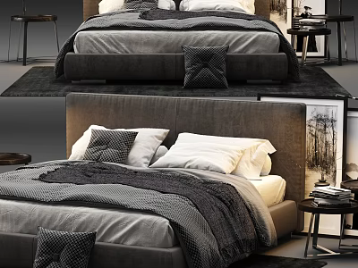 Modern Double Bed Interior with Gray Bedding Upholstered Headboard Nightstand and Decorative Painting 3d model