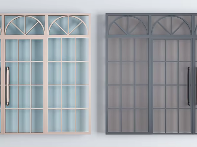 Modern Double Doors With Light Pink And Dark Gray Arched Top Glass Panes 3d model