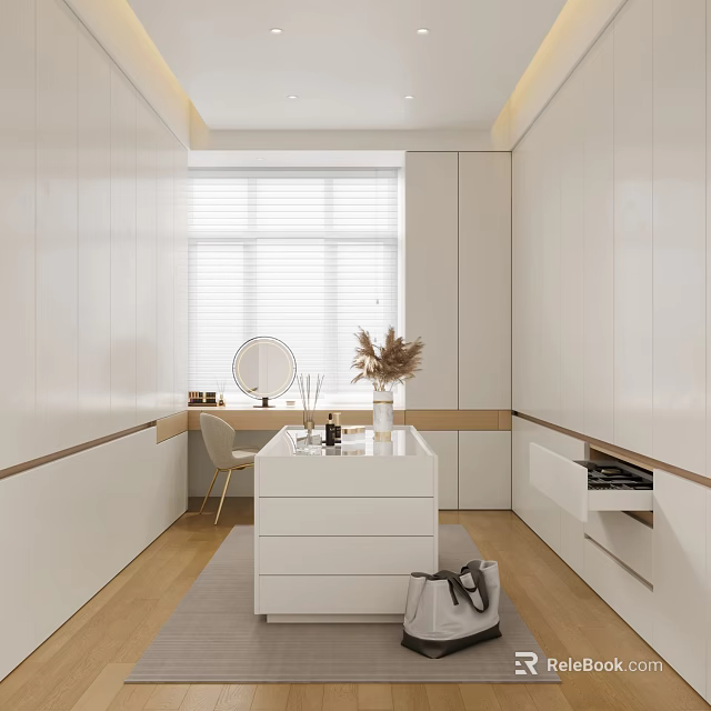 Minimalist White Closet Interior With Dressing Table And Drawers 3d model