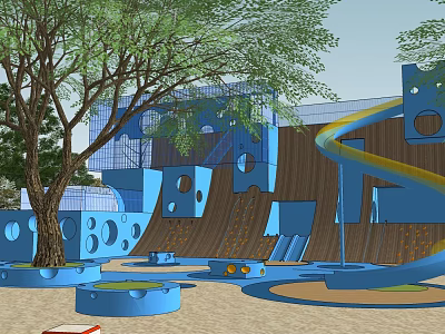Children's Playground With Blue Slide Climbing Structures And Tree Shaded Area 3d model