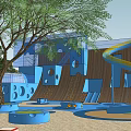 Children's Playground With Blue Slide Climbing Structures And Tree Shaded Area