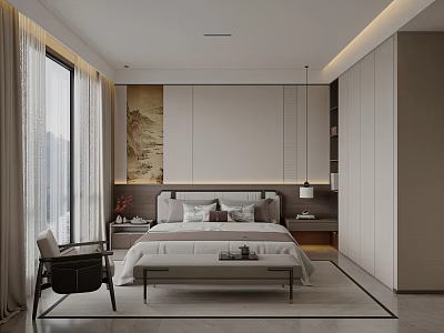 Modern Bedroom Interior Design With Large Window Landscape Painting White Bed Wardrobe And Rug 3d model