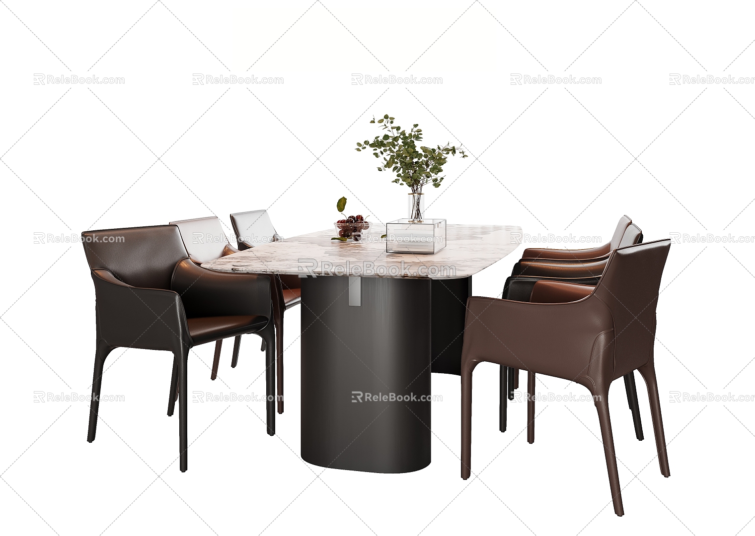 Modern Italian Dining Table and Chair Combination Leather Dining Chair Rock Plate Dining Table Sliding Chandelier Dining Table Ornaments Fruit Vase 3d model