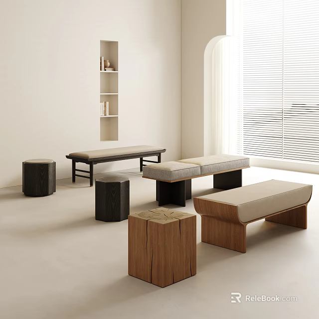 Modern Minimalist Wooden Stools With Soft Seats In Bright Interior 3d model 