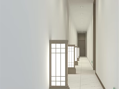 Modern Elevator Hallway With White Walls Tiled Floor And Wall Lamps 3d model