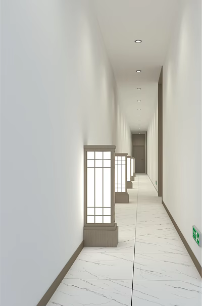 Modern Elevator Hallway With White Walls Tiled Floor And Wall Lamps 3d model