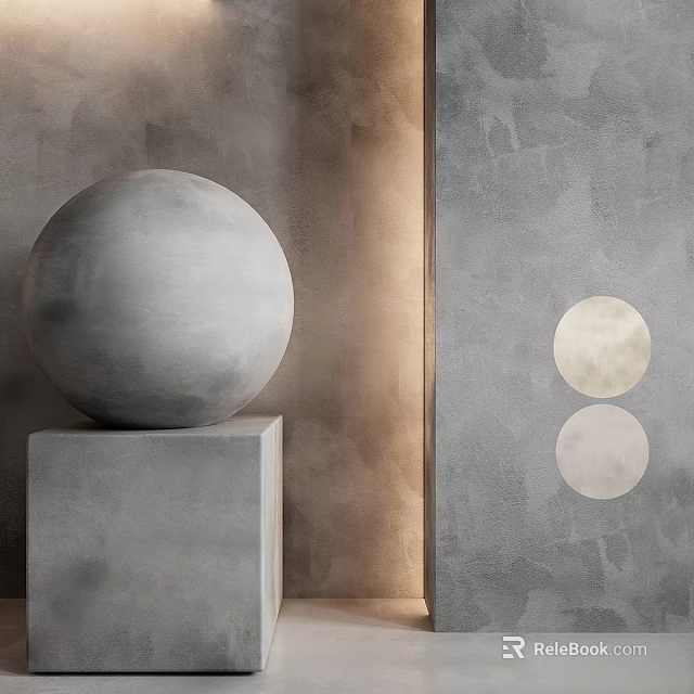 Concrete Sphere On Cube Base With Circular Decor And Textured Background Walls 3d model