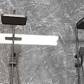 Three Modern Shower Faucets with Handheld and Top Sprays Mounted on Grey Marble Wall