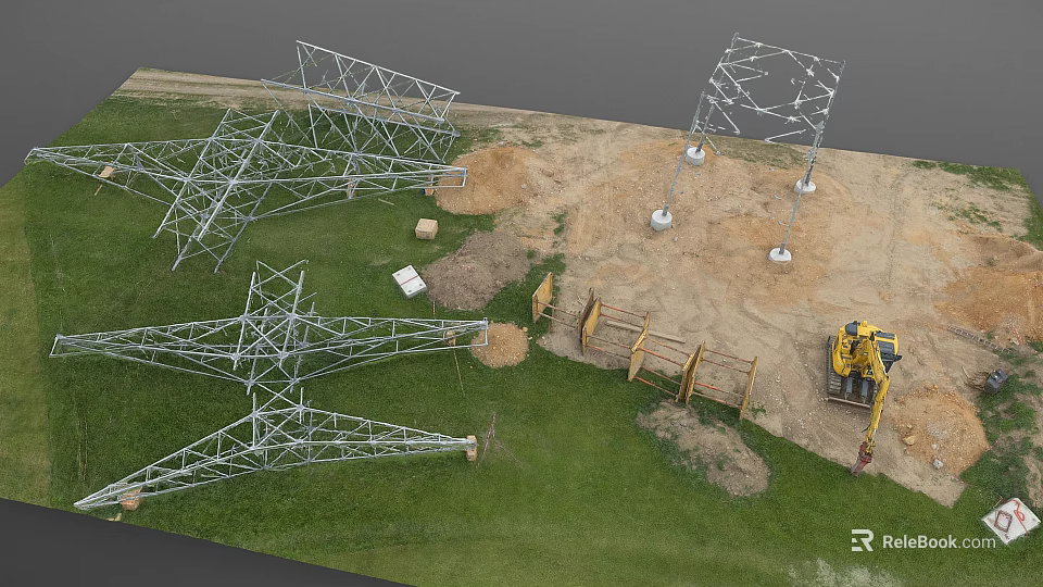 Scenic Grassy Field Featuring Steel Lattice Towers And Yellow Excavator 3d model 