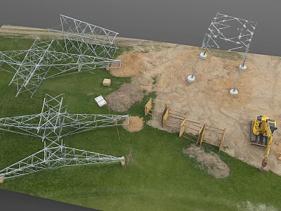 Scenic Grassy Field Featuring Steel Lattice Towers And Yellow Excavator 3d model