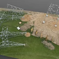 Scenic Grassy Field Featuring Steel Lattice Towers And Yellow Excavator