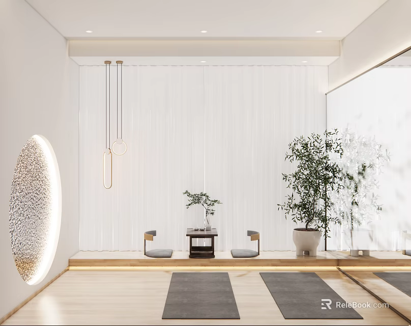 Yoga Fitness Meditation Space With Modern Zen Interior Wooden Floor Gray Mats And Green Plants 3d model 