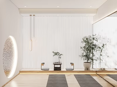 Yoga Fitness Meditation Space With Modern Zen Interior Wooden Floor Gray Mats And Green Plants 3d model