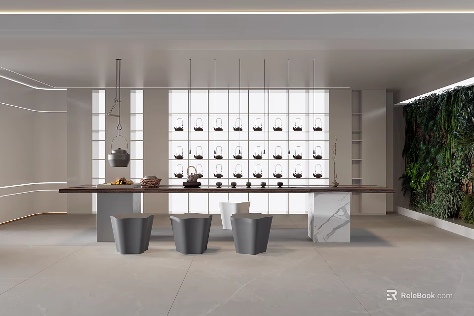 Modern Tea Room With Long Table Stools Display Shelves And Green Wall 3d model 