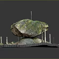 3D Rock Scene Setup With Moss Covered Surface And Support Pillars On Base