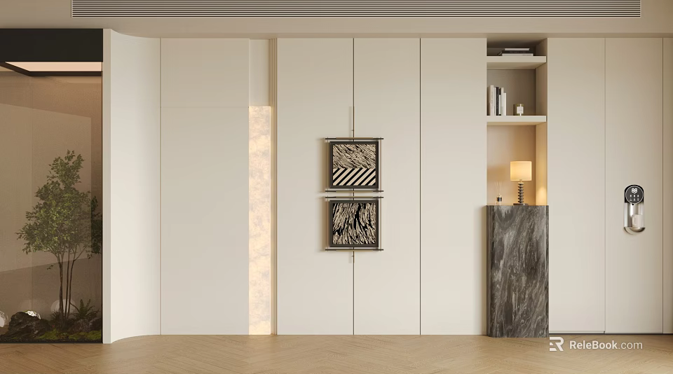 Modern Minimalist White Cabinet With Vertical LED Light Decorative Paintings And Marble Pillar On Wooden Floor 3d model 