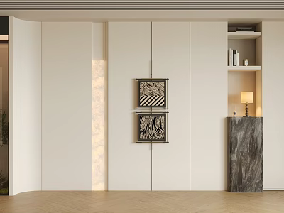 Modern Minimalist White Cabinet With Vertical LED Light Decorative Paintings And Marble Pillar On Wooden Floor 3d model