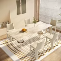Modern Dining Table Set with White Chairs Fruit Platter and Flower Vase on Geometric Rug