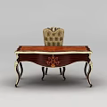 Elegant Classical Wooden Desk With Ornate Carvings And Upholstered Armchair