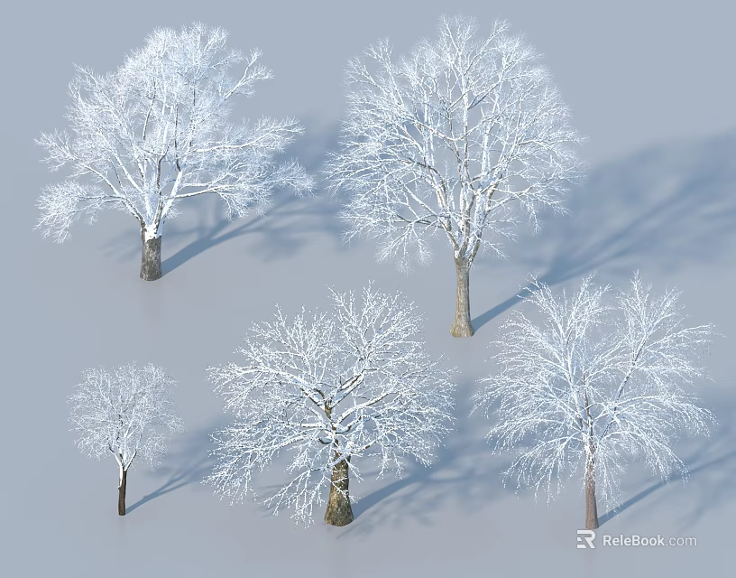 Snow Covered Trees In Various Sizes Standing On Gray Background 3d model 