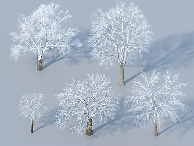 Snow Covered Trees In Various Sizes Standing On Gray Background 3d model