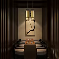 Traditional Chinese Restaurant Interior With Wooden Ceiling Brick Walls And Warm Lighting
