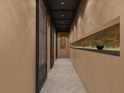 Modern Elevator Hallway With Wooden Walls Black Door Frames Gray Floor Tiles And Green Ornament 3d model