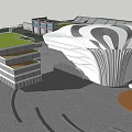 Modern Architectural Complex Featuring Curved White Building Green Roof Stadium Pond And Circular Plaza