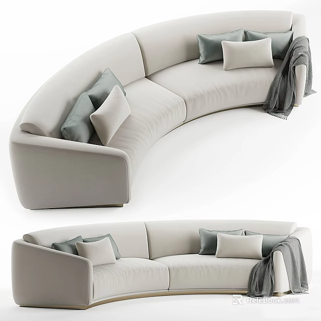 Light Gray Curved Sectional Sofa with Gray Beige Throw Pillows and Blanket 3d model 