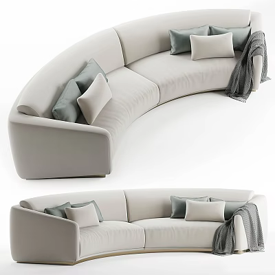 Light Gray Curved Sectional Sofa with Gray Beige Throw Pillows and Blanket 3d model