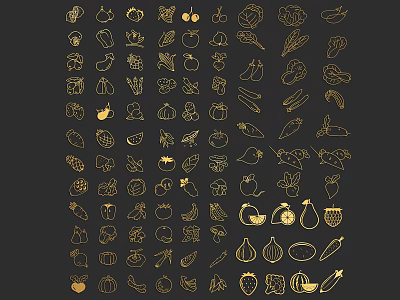 Minimalist Gold Line Vegetable Fruit Pattern Wall Decor on Black Background 3d model