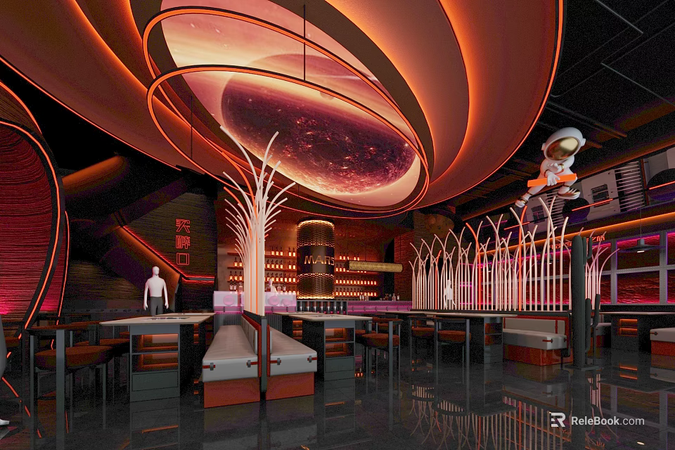 Futuristic Bar Interior With Red Lighting Circular Decorations And Astronaut Decor 3d model 