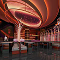 Futuristic Bar Interior With Red Lighting Circular Decorations And Astronaut Decor