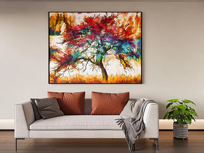White Multi Seater Sofa With Gray Orange Pillows Throw Blanket And Colorful Tree Painting 3d model